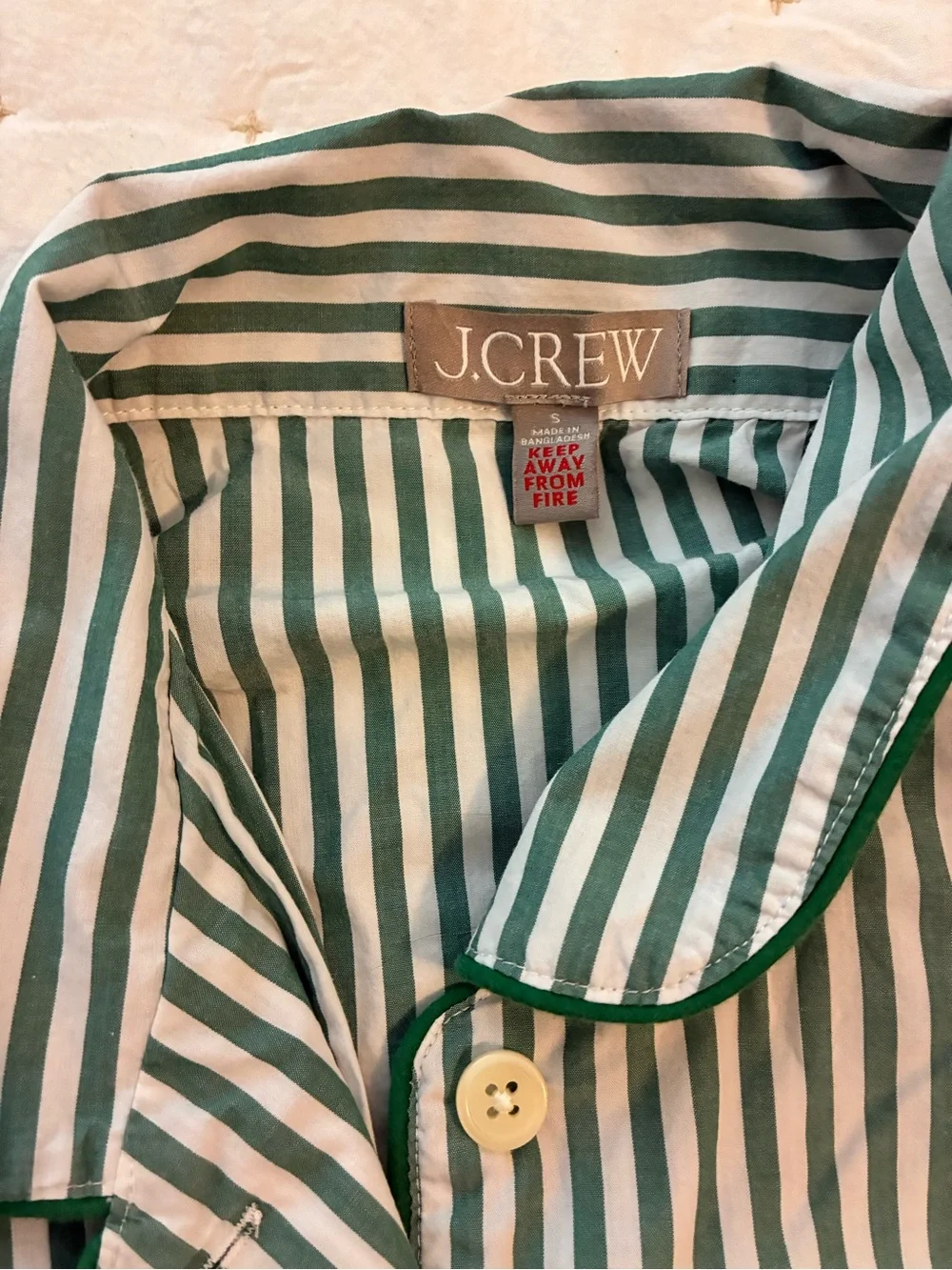 J. Crew Green and White Striped Button-Up Pajama Shirt